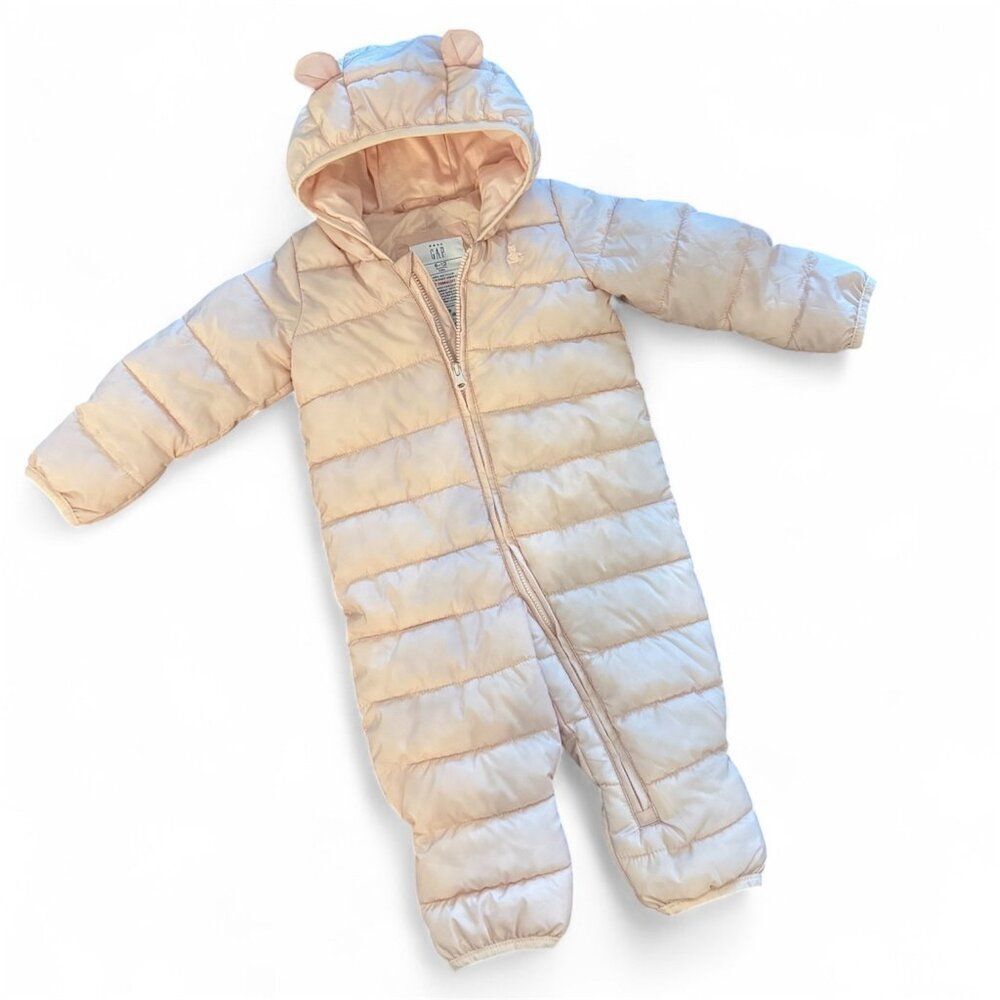 Baby Gap Pink Puffer Snowsuit Bunting with Bear Ears Size 6–12 Months